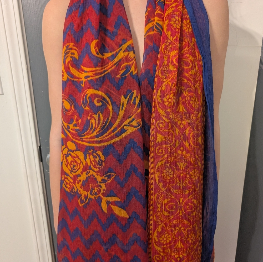 Sheer Large Royal Blue, Red and Orangy Gold Shawl, Scarf or‎ Wrap - Picture 6 of 7